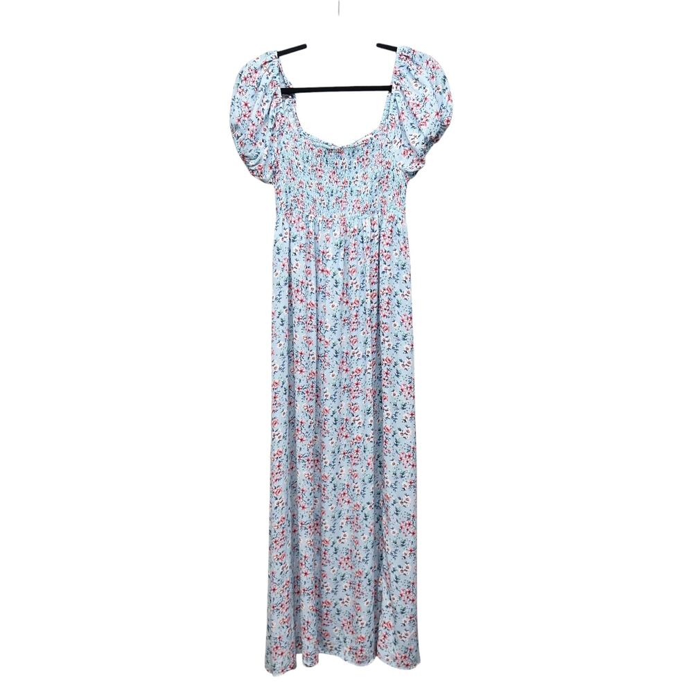 Pie In The Sky Smocked Lace Up Puff Sleeve Floral Maxi Dress M Cottage Prairie - Picture 2 of 15